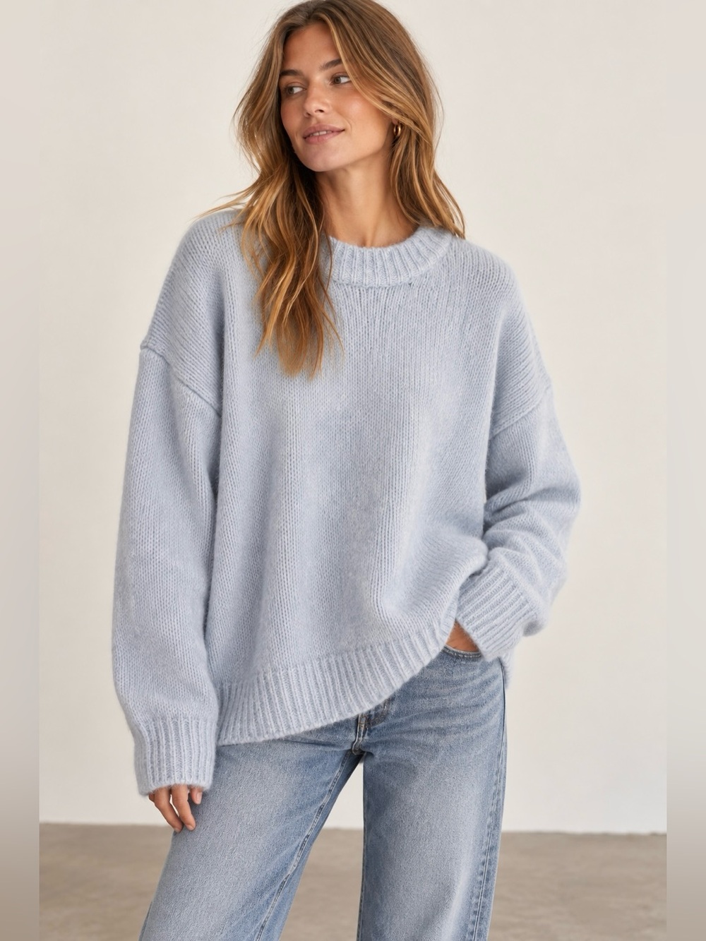 Zara Cozy Oversized Wool Alpaca Blend Crewneck Sweater in Light Blue Size Small